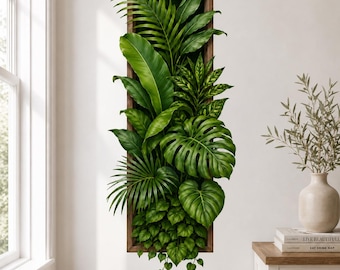 Tropical Botanical Wall Decal | Framed Greenery Wall Decor | Vertical Plant Wall Sticker | Indoor Jungle Living Room Decor | Vinyl Wall Art
