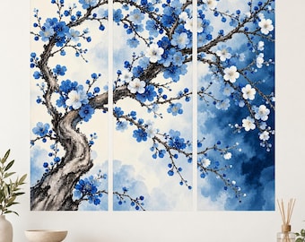 Blue Blossom Tree Wall Decal | Floral Branch Wall Sticker | Blue Blossom Triptych Decor | Botanical Bedroom Wall Art | Elegant Floral Design