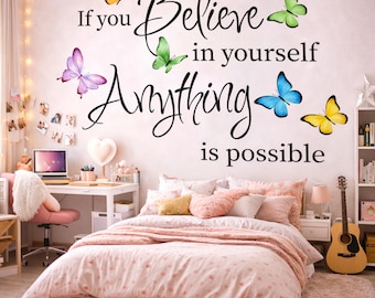 Butterfly Wall Decal | Inspirational Quote Sticker | Believe In Yourself Art | Nursery Quote Mural | Motivational Decor | Colorful Butterfly