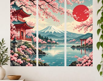 Japanese Sakura Wall Decal | Mount Fuji Triptych Stickers | Cherry Blossom Wall Decor | Pagoda Torii Gate Wall Art | Asian Living Room Decor