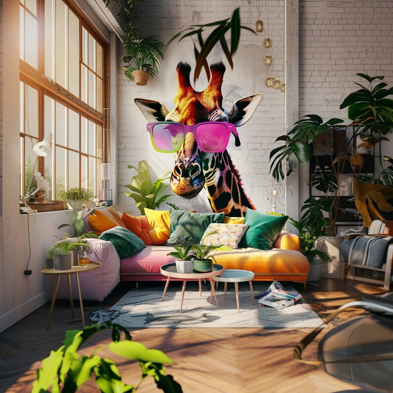 May include: A pink and yellow sofa with colorful pillows in a living room setting. A giraffe with pink sunglasses is featured on the wall behind the sofa. The room is decorated with plants and a wooden floor.