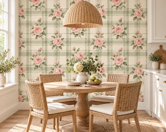 Pink Rose Floral Plaid Wallpaper | Self Adhesive Vinyl Wall Mural | Cottage Kitchen Decor | Vintage English Country Pattern | Sage Green