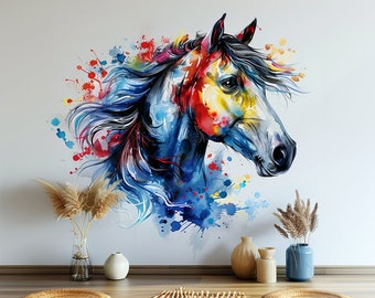 Vibrant Watercolor Horse Head Wall Decal Sticker - Artistic Animal Decor for Living Room, Creative Space - Unique Horse Wall Art Decals