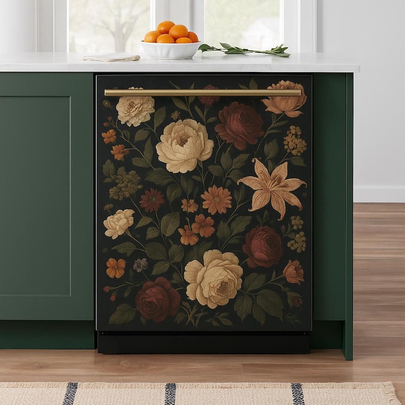 May include: A black dishwasher with a floral design on the front. The design features a variety of flowers in shades of red, yellow, and white, with green leaves and stems. The dishwasher has a gold handle.