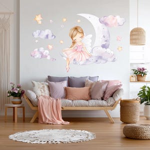 Sticker mural ballerine fée | Princesse sur la lune autocollant | Art mural pour chambre d'enfant, bébé fille | Décoration murale nuages et étoiles | Papier peint en vinyle amovible