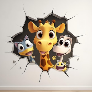 Adesivo da parete con animali dei cartoni animati 3D / Adesivo in vinile per la cameretta dei bambini / Amici giraffa che sbirciano attraverso il muro / Decorazione giocosa per la cameretta dei bambini / Divertente murale a tema giungla