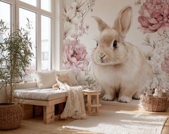 Riesen Wandtattoo Hase mit Blumen | Boho Kinderzimmer Tier Wandbild | Abnehmbares Babyzimmer Vinyl | Wandsticker Waldhase für Kinder