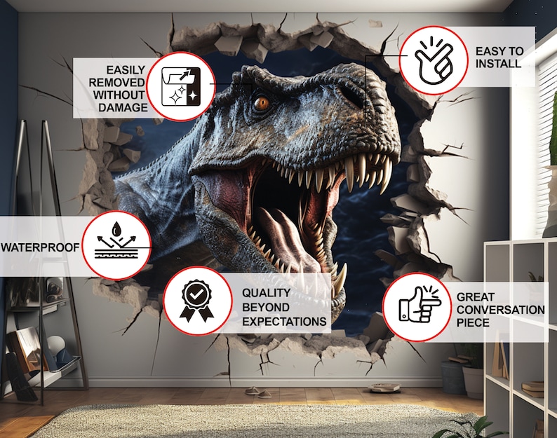 May include: A large, detailed wall decal of a T-Rex dinosaur breaking through a wall. The decal is waterproof and easy to install. It is a great conversation piece and is of high quality.