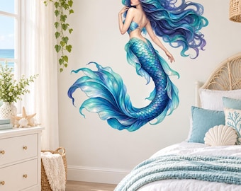 Large Blue Mermaid Wall Decal | Fantasy Ocean Wall Sticker | Mermaid Bedroom Decor | Coastal Vinyl Wall Art | Underwater Room Decoration