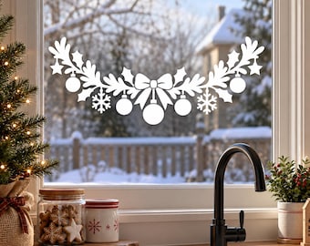 Christmas Garland Window Decal | White Bow, Ornaments and Snowflakes | Holiday Vinyl Wall Decal | Festive Window Decor | Glass Door Accent