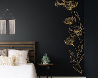 Calcomanía de pared botánica dorada / Adhesivo de flor de arte lineal minimalista / Elegante arte de pared de esquina / Mural de vinilo floral extraíble para dormitorio u oficina