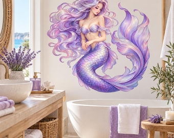 Purple Mermaid Wall Decal | Fantasy Bathroom Decor | Lavender Vinyl Wall Sticker | Whimsical Ocean Inspired Wall Decor | Large Mermaid Art