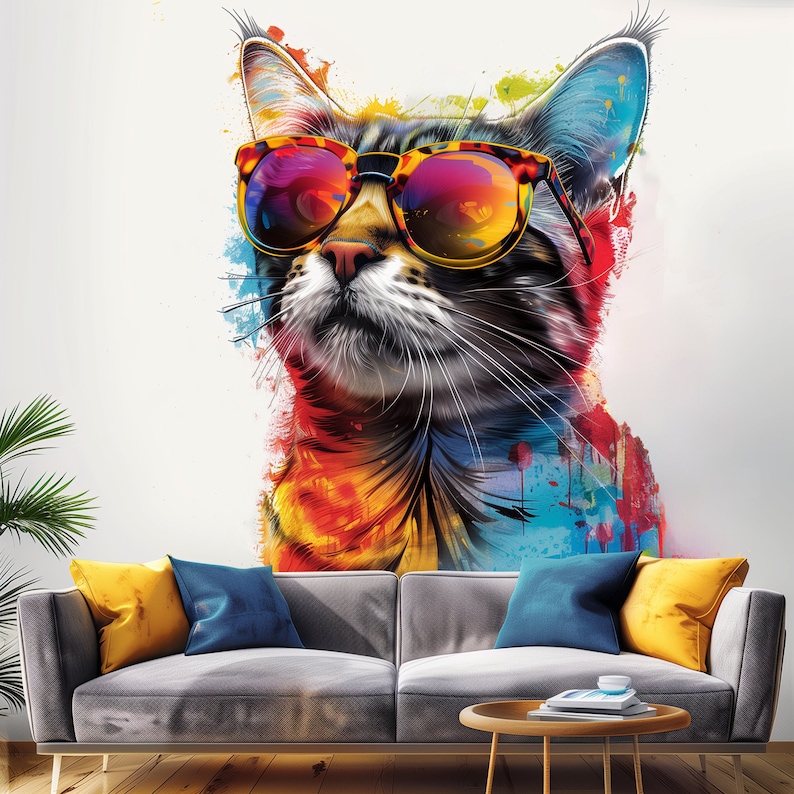 May include: A colorful abstract painting of a cat wearing sunglasses. The cat is surrounded by splashes of red, orange, yellow, blue, and green paint.