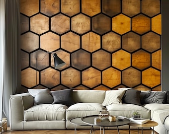 Hexagonal Wood Effect Wallpaper Sticker - Black Accent Adhesive Wall Decal, Rustic Wooden Honeycomb Decals for Modern Home Décor