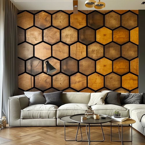 Sticker papier peint hexagonal effet bois - Sticker mural adhésif noir, Stickers nid d'abeille en bois rustique pour décoration d'intérieur moderne