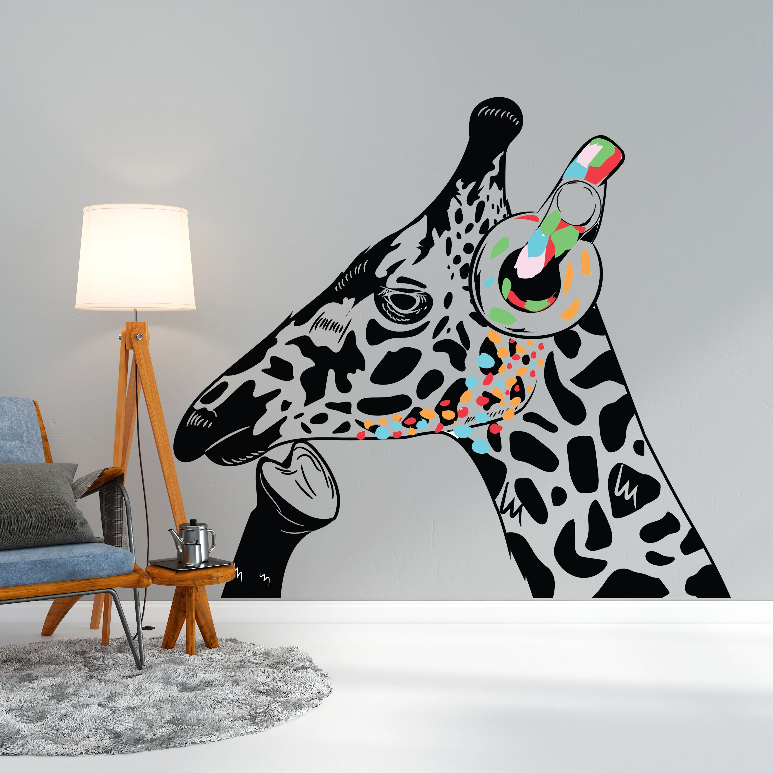 Giraffe in hoofdtelefoon Stickers - Geïnspireerd door Banksy Graffiti Muursticker - Denken giraffen Sticker - Dierlijke Stencil Muursticker