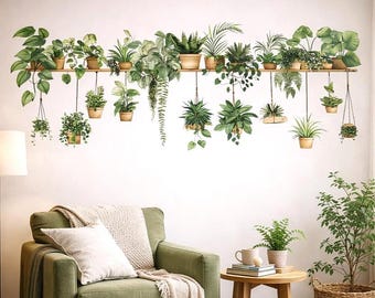 Indoor Plant Shelf Wall Decal | Potted Greenery Mural | Hanging Plant Sticker | Urban Jungle Wall Art | Biophilic Home Decor