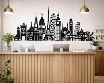 Europe Skyline Decal | Iconic Landmark Art | Travel Wall Decor | Eiffel Tower Big Ben | Colosseum Wall Mural | World Traveler Gift