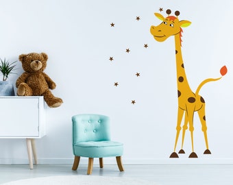 Nursery Giraffe Vinyl Wall Sticker - Baby Art Cute Funny Gift Animal Decor Decal - Boy Girl Africa Decorative Colourful Jungle Kid Print