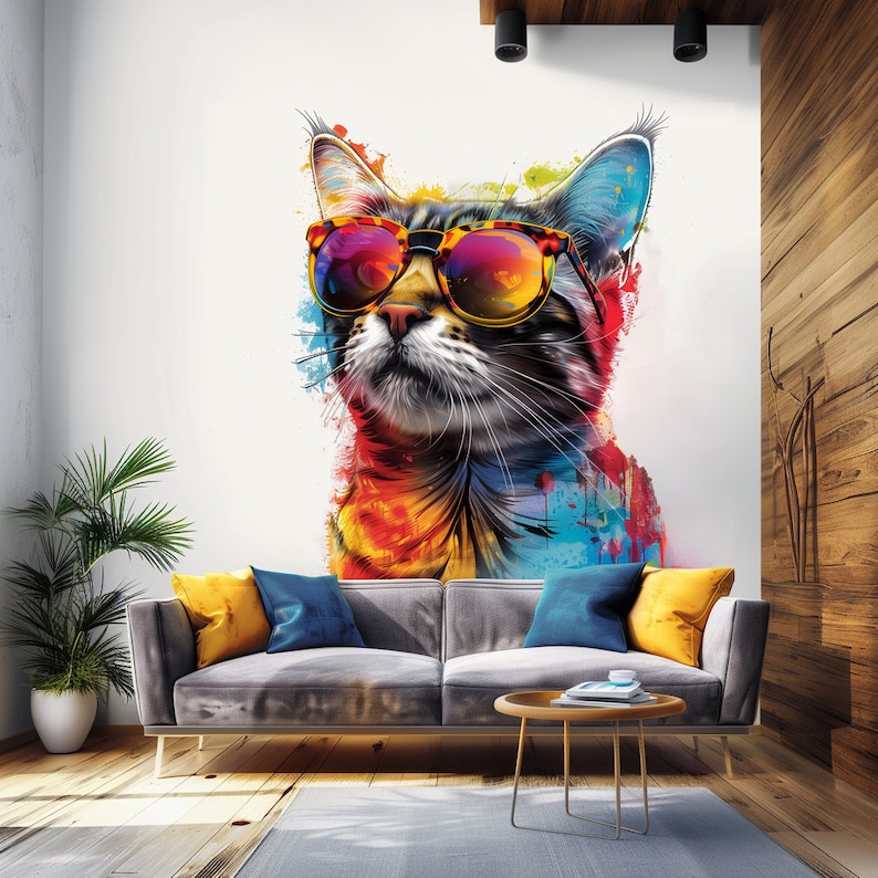 May include: A colorful abstract painting of a cat wearing sunglasses. The cat is looking to the right and has a white background. The painting is in a living room setting with a gray couch and a coffee table.