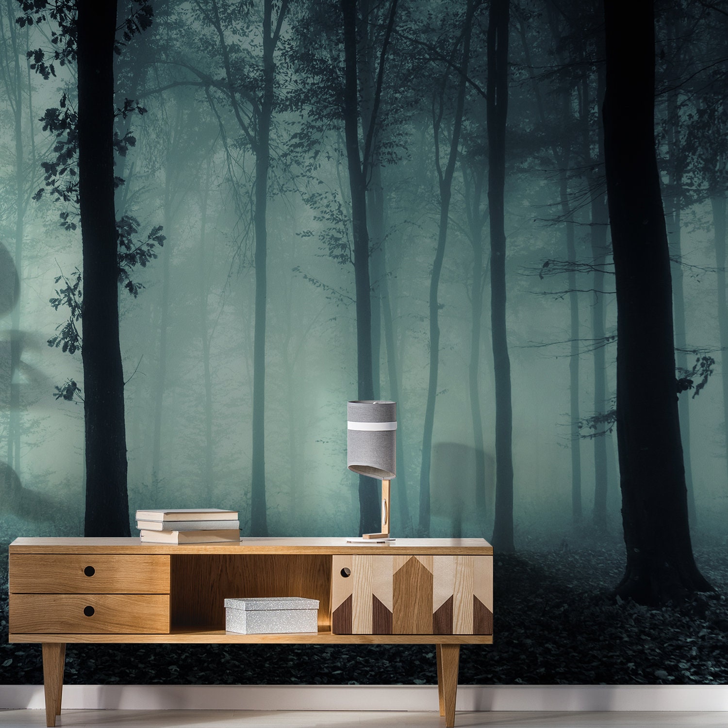 Foggy Forest Wallpaper Sticker Mural - Night Tree Fog Removable Wall ...