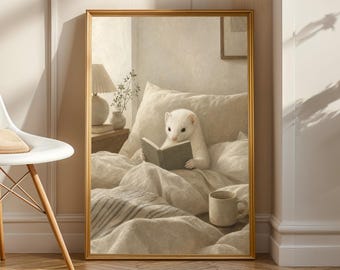 Ferret Reading in Bed Poster | Scandinavian Gouache Ferret Wall Art | Warm Beige Oat Milk Decor | Cozy Nordic Bedroom Print