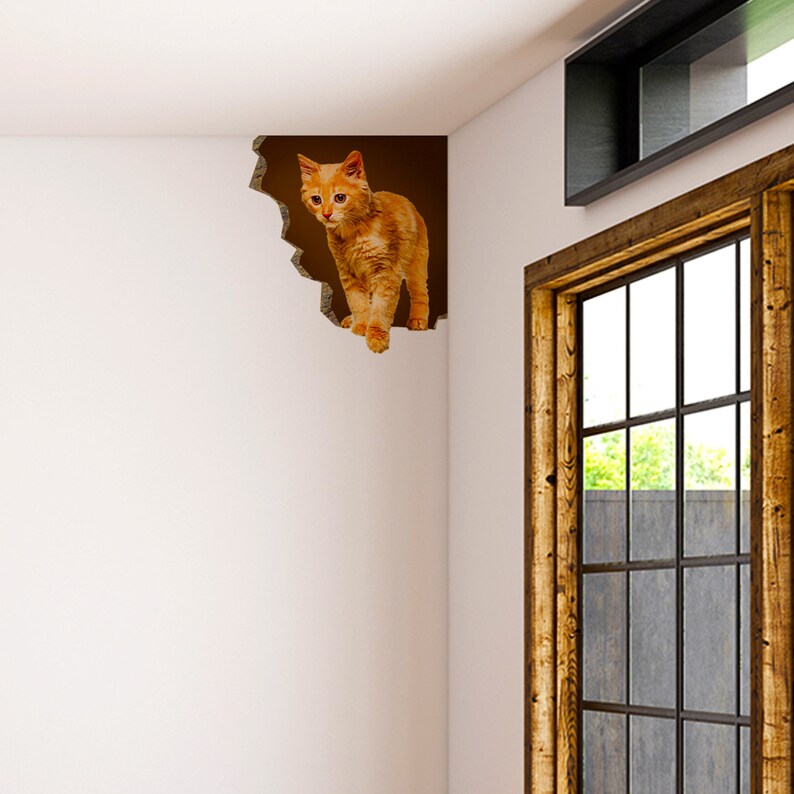 3d Cat Kitty Art Animal Hole In Wall Sticker Vinyl Decor Etsy