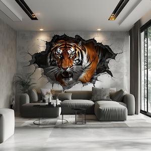 May include: A realistic 3D wall mural depicting a tiger bursting through a cracked concrete wall. The tiger is orange and black with white stripes and is looking directly at the viewer with its mouth open.