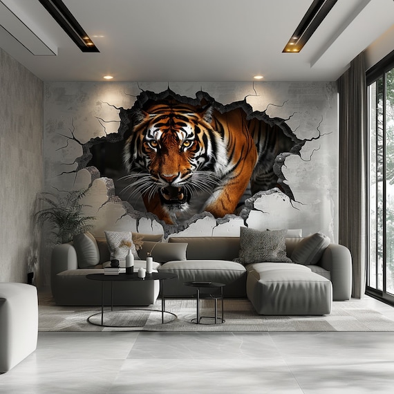 Stickers Muraux Animaux Jungle - Tigre Sauvage - Déco Enfant - Adhésif Facile à Poser