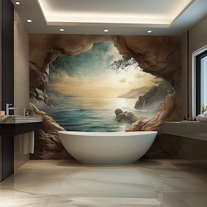 3D Ozean Höhle Wandbild | Luxus Badezimmer Tapete | Wasserfeste Schälen & Aufkleben Wand Kunst | Tropische Meerlandschaft Vinyl Aufkleber | Spa Wohnkultur