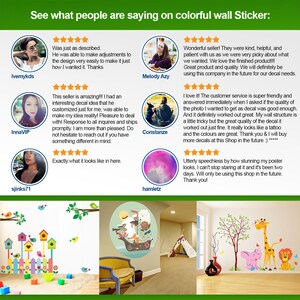 May include: A collage of customer reviews for colorful wall decals. The reviews highlight the quality, design, and customer service of the company. The images show examples of the decals, including a pirate ship, a birdhouse scene, and a giraffe, elephant, and lion.