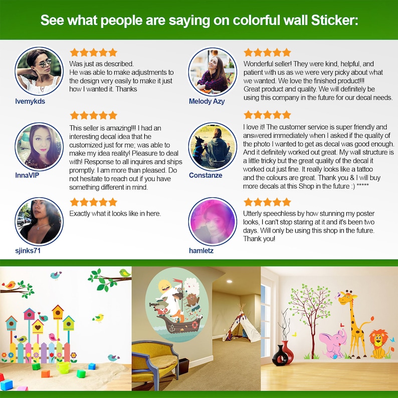 May include: A collage of customer reviews for colorful wall decals. The reviews highlight the quality, design, and customer service of the company. The images show examples of the decals, including a pirate ship, a birdhouse scene, and a giraffe, elephant, and lion.