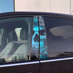 Skull B-Pillar Car Decal Set | 2-Piece Universal Vinyl Stickers | Blue Skull Roses Car Pillar Styling | Tuning Accessory Car Wrap Design