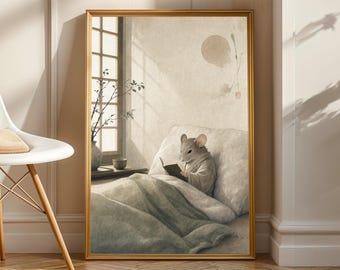 Kyoto Zen Mouse Reading a Book Poster | Japanese Sumi e Ink Wash Wall Art | Warm Ivory and Fog Gray Illustration | Bedroom Decor | Book Art