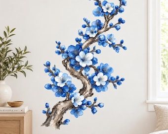 Blue Blossom Branch Wall Decal | Cherry Blossom Wall Sticker | Japanese Floral Decor | Botanical Bedroom Wall Art | Blue Flower Wall Artwork