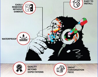 バンクシーグラフィティDJモンキーヘッドフォン　ビニールステッカー バンクシー ステッカー モンキー ヘッドフォン - バンクシー