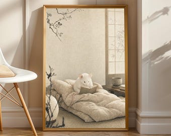 White Mouse Reading in Bed Poster | Japanese Sumi e Ink Wash Wall Art | Warm Ivory and Fog Gray Illustration | Print Art