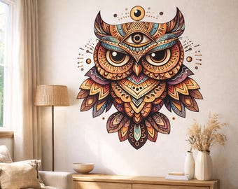 Mystical Owl Wall Decal | Spiritual Totem Wall Art | Boho Occult Owl Sticker | Psychedelic Owl Mural | All-Seeing Eye Decor | Tribal Owl Art