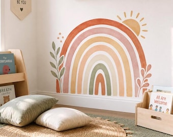 Boho Rainbow Wall Decal Sun and Botanical Leaves | Earth Tone Nursery Wall Decor | Gender Neutral Kids Room Mural | Watercolor Vinyl Decal