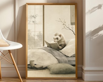 Frosted Ferret Reading in Bed Poster | Japanese Zen Ink Wash Ferret Wall Art | Warm Ivory Fog Gray Decor | Minimalist Bedroom Print