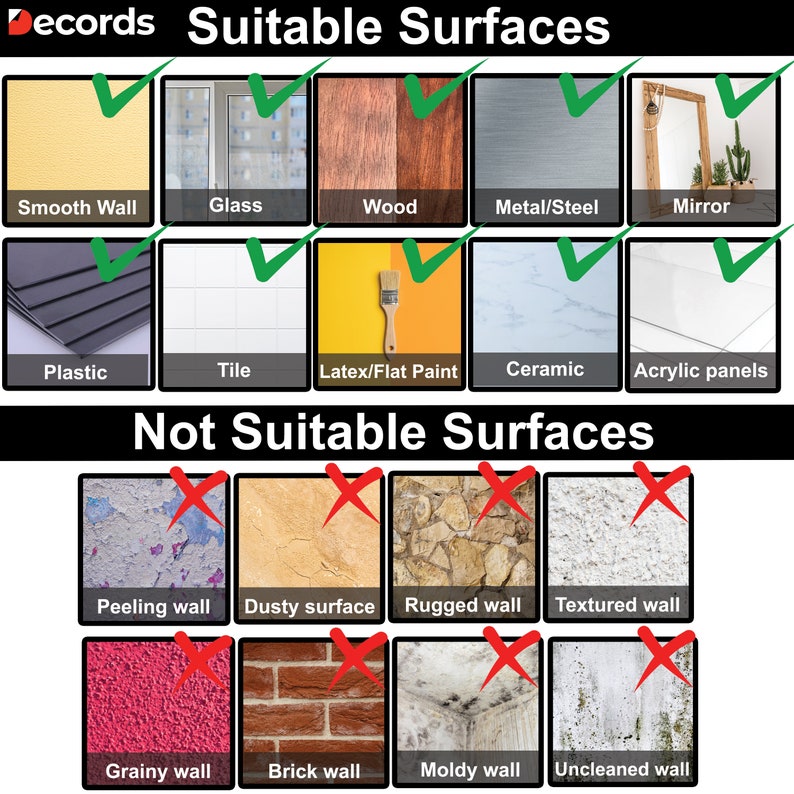 May include: A chart showing suitable and unsuitable surfaces for applying adhesive products.  Suitable surfaces include smooth walls, glass, wood, metal, tile, and acrylic panels.  Unsuitable surfaces include peeling walls, dusty surfaces, rugged walls, textured walls, grainy walls, brick walls, moldy walls, and unclean walls.
