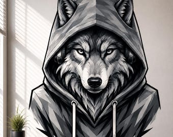 Wolf in Hoodie Wall Vinyl Decal | Black and White Urban Animal Sticker | Teen Bedroom Wall Art | Gamer Room Streetwear Decor | Modern Accent