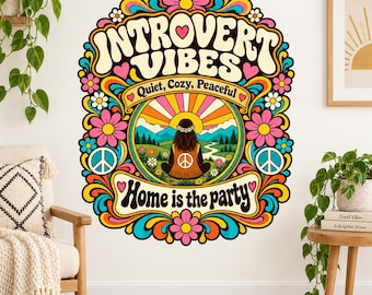 Introvert Vibes Wall Decal | Retro Hippie Homebody Decor | Groovy Floral Peace Sign Vinyl Wall Sticker | Living Room, Bedroom Nook Decor