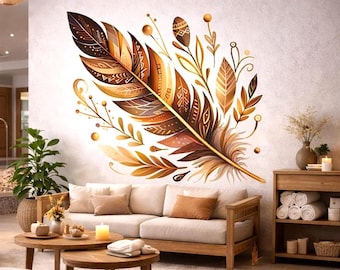 Boho Feather Decal | Tribal Pattern Wall Art | Earth Tone Feather Sticker | Native Inspired Mural | Bohemian Nursery Decor | Terracotta Leaf
