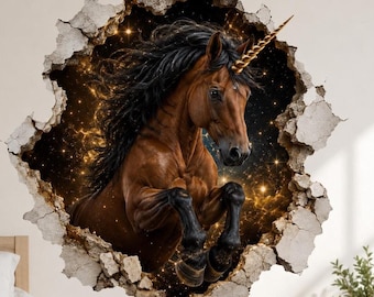 3D Unicorn Wall Decal | Cosmic Fantasy Horse Vinyl Sticker | Broken Wall Effect Bedroom Decor | Gold Black Unicorn Room Decor | Celestial