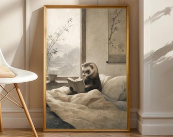 Blaze Ferret Reading in Bed Poster | Japanese Zen Sumi-e Ferret Wall Art | Warm Ivory Fog Gray Decor | Minimalist Bedroom Print