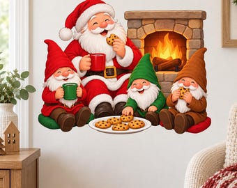 Santa & Gnomes Wall Decal | Christmas Fireplace Wall Sticker | Holiday Cookies Decor | Festive Living Room Wall Art | Xmas Gnome Decorations