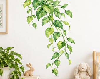 Watercolor Vine Wall Decal | Green Leaf Wall Sticker | Botanical Nursery Decor | Hanging Plant Vinyl Decor for Kids Room | Eco Solvent Ink