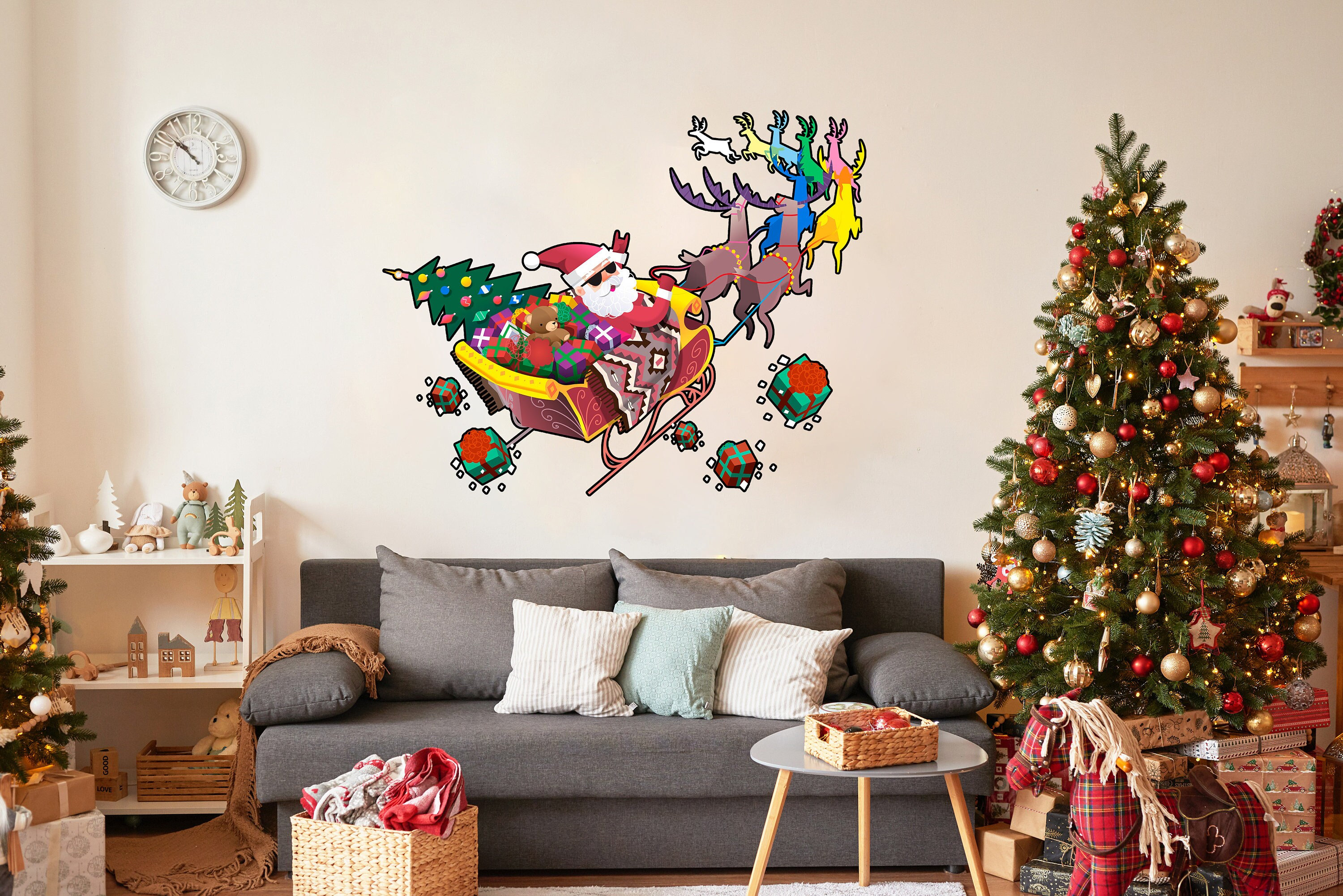 Colorful Humorous Santa in Glasses & Sleigh Wall Decal - Funny Christmas Silhouette Stickers - Holiday Home Decor - Festive Wall Art Mural