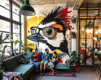 Adesivo de parede com rosto de pica-pau-anão gigante de óculos - Decoração exclusiva para amantes da natureza - Perfeito para paredes de sala de estar e quarto.